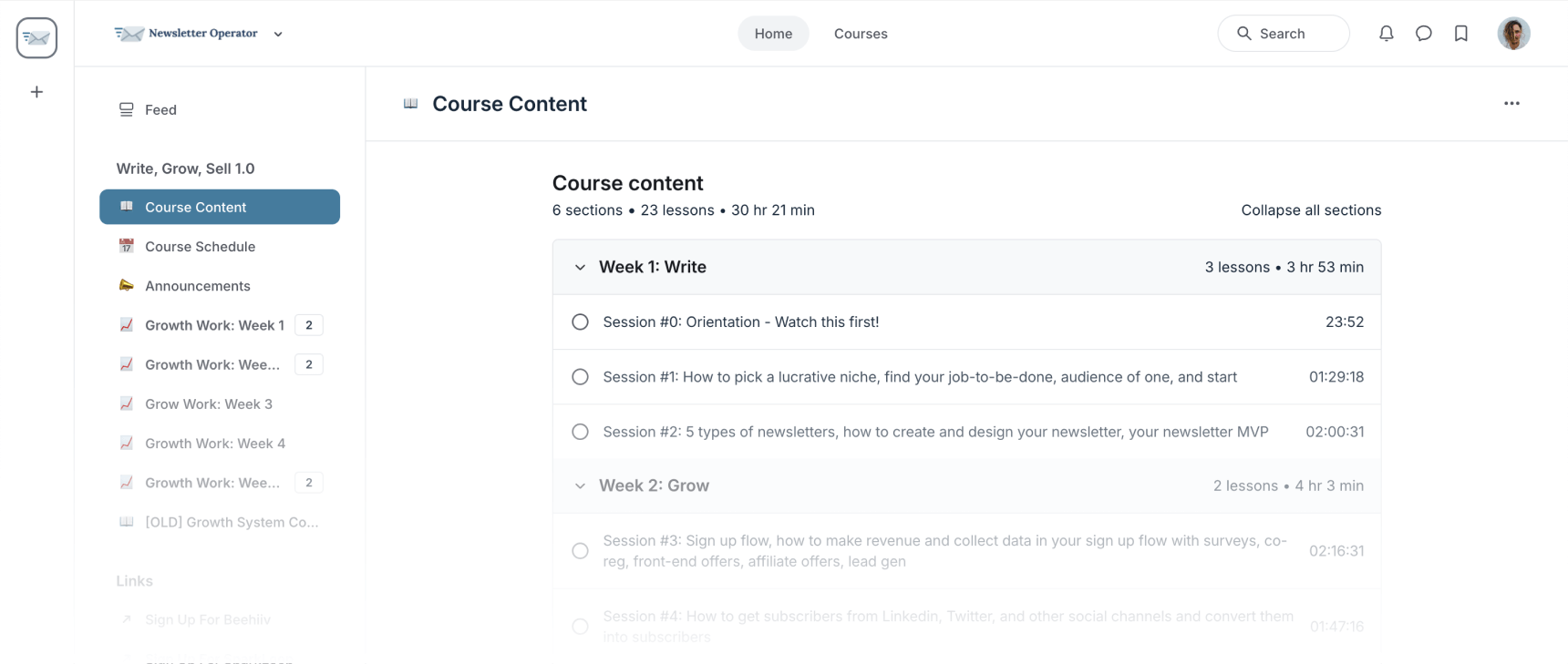 Screenshot from the Write Grow Sell course dashboard Screenshot from the Write Grow Sell course dashboard